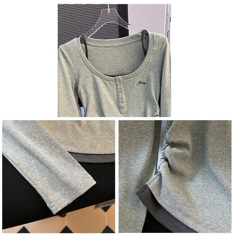 2024 Women's Grey Fake Two Piece Autumn Long Sleeve Top