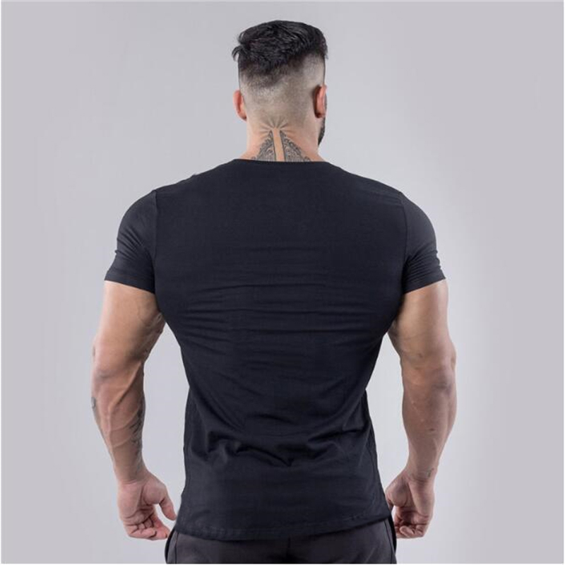 Plain Cotton Gym T-shirt Men Summer Fitness Clothing V-Neck Short Sleeve T shirt Slim Fit Tshirt Bodybuilding Workout Tees Tops